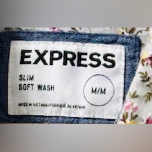 Express Slim Fit Soft Wash Floral Print, Denim Inserts & Trim Long Sleeve Shirt - Picture 3 of 5